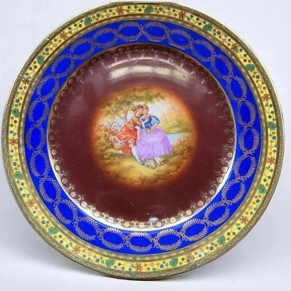 Vintage JK Carlsbad Colonial Blue And Gold China Decorative Plate 6.5” x 6.5”